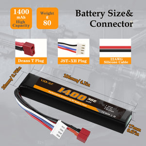 VICMILE 1400mAh Airsoft Battery 11.1V Lipo Battery with Deans T Plug 30C High Discharge Rate Rechargeable 3S Lipo Battery for Airsoft Model Guns