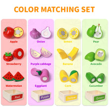 Load image into Gallery viewer, MerryPony 30 Pcs Wooden Play Food Sets for Kids Kitchen Accessories, Velcro Fruit and Veggies for Toddlers, Velcro Fruit Cutting Toys for Kids, Color Sorting Play Food Set, Play Food for Toddlers 1-3