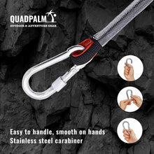 Load image into Gallery viewer, QUADPALM Grappling Hook with 10m Rope – Multifunctional Grapple Hook - 2 Locking carabiners - 4 Stainless Steel Folding Claws - Heavy Duty - Outdoor Camping Hiking Climbing Equipment (Black Rope)