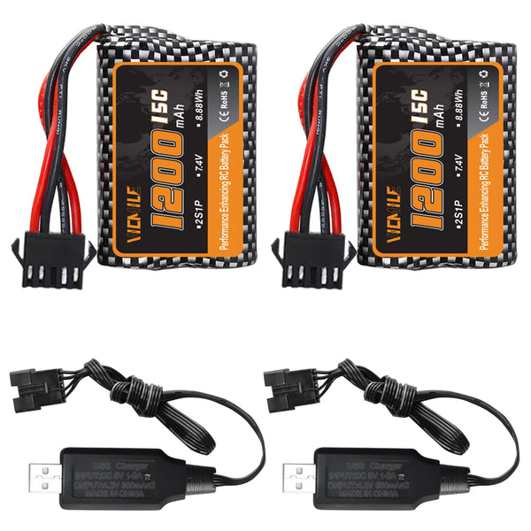VICMILE 7.4V 1200mah Li-ion Battery 2S 15C RC Boat Batteries R208 R308 Battery Fit for High Speed Remote Control Boats 2Pack with USB Chargers