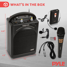 Load image into Gallery viewer, Pyle Portable PA Speaker &amp; Microphone System - FM Stereo Radio, Built-in Rechargeable Battery, Aux &amp; Microphone Inputs, Includes Beltpack, Hand-held Headset &amp; Lavalier Mics - Black