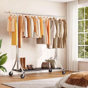 HOKEEPER Clothes Rack with Wood Shelves Height Adjustable Clothing Rack with Lockable Wheels 500LBS Portable Wooden Garment Closet for Bedroom, Living Room, Laundry, Balcony, Silver