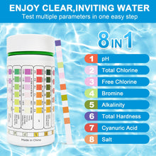 Load image into Gallery viewer, PoolTest strips 8-in-1 kit with 100 hot tub strips for above ground pools, spas and salt water minder - Tests pH, chlorine, bromine, alkalinity, hardness, cyanuric acid, salt
