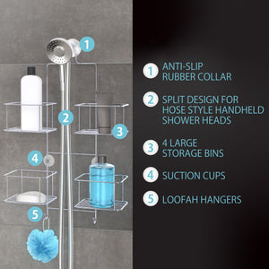 Eclipse Hose Keeper Shower Caddy, Hanging Over Handheld Shower Head Organizer with 4 Large Baskets for Shampoo, Soap, and Built-in Storage Hooks, No Drilling, Suction, 16.13" x 5.5" x 24.63", Chrome