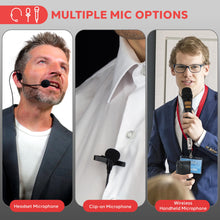Load image into Gallery viewer, Pyle Portable PA Speaker &amp; Microphone System - FM Stereo Radio, Built-in Rechargeable Battery, Aux &amp; Microphone Inputs, Includes Beltpack, Hand-held Headset &amp; Lavalier Mics - Black