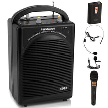 Load image into Gallery viewer, Pyle Portable PA Speaker &amp; Microphone System - FM Stereo Radio, Built-in Rechargeable Battery, Aux &amp; Microphone Inputs, Includes Beltpack, Hand-held Headset &amp; Lavalier Mics - Black