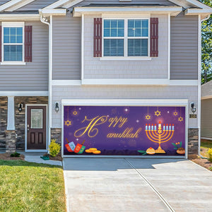 Happy Hanukkah Garage Door Cover, Chanukah Garage Door Decorations Cover Banner 6 x 13Ft with 8 Reinforced Rings, Happy Hanukkah Large Backdrop Decoration for Garage Party Wall Door Gate