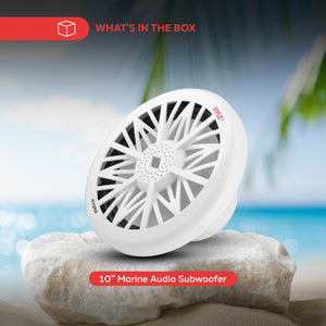 Pyle 10-Inch Outdoor Marine Audio Subwoofer - 500 Watt Single White Waterproof Bass Loud Speaker For Marine Stereo Sound System, Under Helm or Box Case Mount in Small Boat, Water Vehicle - PLMRW10