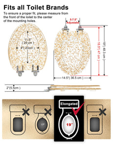 Gold Resin Toilet Seat Elongated with Easy Clean & Change Hinges, Soft Close Quick Release Heavy Duty Toilet Seats with Glitter Cover Acrylic Seats (Elongated 19Inch, Gold Foil, Upgraded hinge)