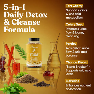 Purge! Uric Acid Flush – Eat & Drink What You Want – Detox and Cleanse with Celery Seed Extract, Tart Cherry & Chanca Piedra for Effective Joint Support & Active Mobility – 60 Soft Vegan Capsules