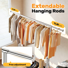 Load image into Gallery viewer, HOKEEPER Clothes Rack with Wood Shelves Height Adjustable Clothing Rack with Lockable Wheels 500LBS Portable Wooden Garment Closet for Bedroom, Living Room, Laundry, Balcony, Silver