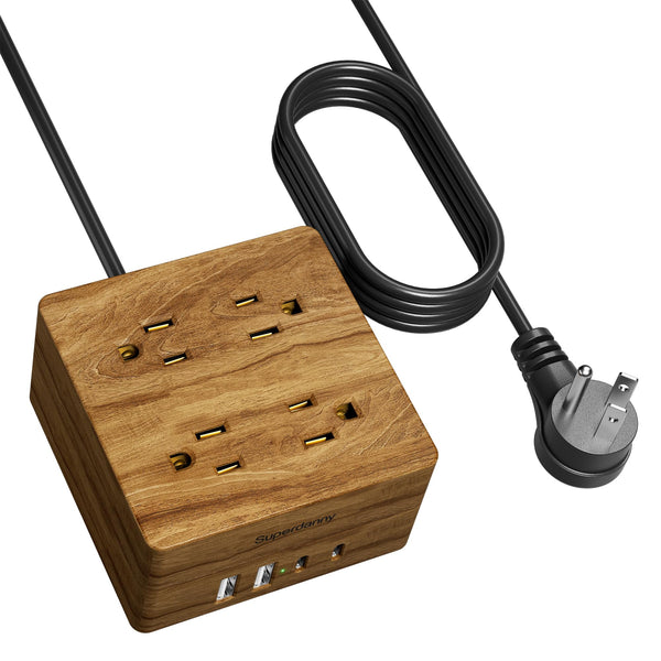USB Power Strip Surge Protector - SUPERDANNY Desktop Extension Cord with 4 Widely Spaced Outlets & 4 Smart USB Ports, Portable Charging Station for Home, Office, Hotel, Dorm, RV, Faux Walnut Grain