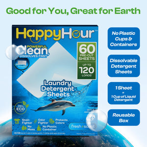 HAPPY HOUR Laundry Detergent Sheets Value Pack with up to 120 Loads, Non Toxic Laundry Sheets Detergent Soap for Sensitive Skin, Recyclable Eco Friendly, Perfect for Travel - Fresh Scent