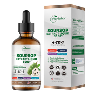 4-in-1 Soursop Bitters Liquid, Soursop Oil with Sea Moss & Black Seed Oil & Ashwagandha, for Immune & Digestive & Cell Support, Sugar-Free | Non-GMO | Vegan (2 Fl oz) Slightly Sweet Flavor