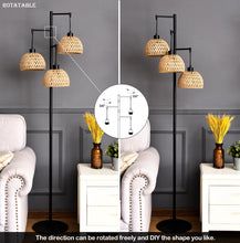 Load image into Gallery viewer, QIYIZM Floor Lamp for Living Room,Bedroom,3-Lights Boho Rattan Floor Lamps,Tree Farmhouse Industrial Black Standing Lamp Wicker Rustic Tall Lamp,Woven Bamboo LampShade Floor Light Bohemian