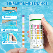 Load image into Gallery viewer, PoolTest strips 8-in-1 kit with 100 hot tub strips for above ground pools, spas and salt water minder - Tests pH, chlorine, bromine, alkalinity, hardness, cyanuric acid, salt