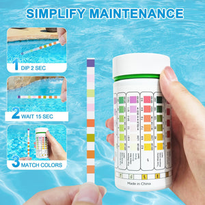 PoolTest strips 8-in-1 kit with 100 hot tub strips for above ground pools, spas and salt water minder - Tests pH, chlorine, bromine, alkalinity, hardness, cyanuric acid, salt