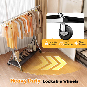 HOKEEPER Clothes Rack with Wood Shelves Height Adjustable Clothing Rack with Lockable Wheels 500LBS Portable Wooden Garment Closet for Bedroom, Living Room, Laundry, Balcony, Silver