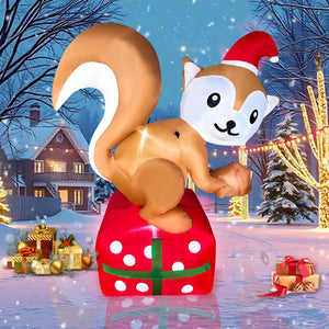JOYEASE 5 FT Christmas Inflatable Squirrel Standing on Gift Box Decorations LED Lighted Xmas Christmas Blow up Yard Decorations for Party Indoor Outdoor Garden Decor