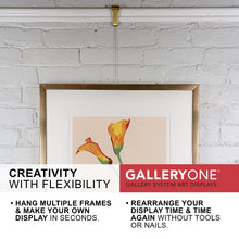 Load image into Gallery viewer, Picture Rail Molding Hook Art Hangers, Gallery Quality, Instantly Adjustable: Choose Brushed Brass or Stainless Steel Hangers with 6.5-Foot Cables (1, Brass)