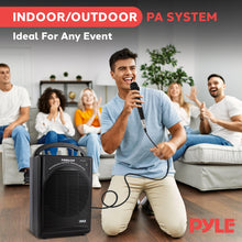 Load image into Gallery viewer, Pyle Portable PA Speaker &amp; Microphone System - FM Stereo Radio, Built-in Rechargeable Battery, Aux &amp; Microphone Inputs, Includes Beltpack, Hand-held Headset &amp; Lavalier Mics - Black