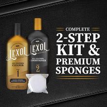 Load image into Gallery viewer, Lexol All Leather Cleaner and Conditioner Kit for Car Seats and Interiors, Couches and Furniture, Shoes and Boots, Baseball Gloves and Horse Saddles, Two 8 oz Bottles and Two Sponges