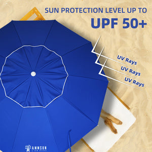AMMSUN 8 Feet Large Beach Umbrella with Sand Anchor Heavy Duty High Wind Portable Outdoor Umbrellas UPF 50+ Protection Air Vent Tilt Patio Garden Pool Blue