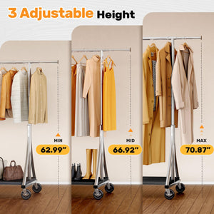 HOKEEPER Clothes Rack with Wood Shelves Height Adjustable Clothing Rack with Lockable Wheels 500LBS Portable Wooden Garment Closet for Bedroom, Living Room, Laundry, Balcony, Silver