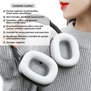 Lambskin Ear Pads for AirPods Max Headphones Sheepskin Leather Earpads Replacement with Memory Foam and Magnet Sweat Proof& Excellent Noise Isolation White