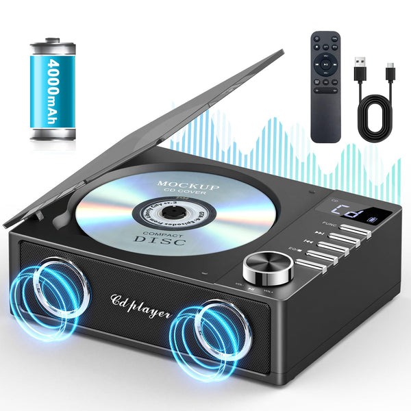 Portable CD Player with Bluetooth 5.3, Greadio CD Player with Speakers for Home, 4000mAh Rechargeable Retro CD Music Player with Remote Control, LED Display, Supports USB/TF/AUX, Optical Input
