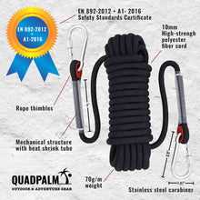 Load image into Gallery viewer, QUADPALM Grappling Hook with 10m Rope – Multifunctional Grapple Hook - 2 Locking carabiners - 4 Stainless Steel Folding Claws - Heavy Duty - Outdoor Camping Hiking Climbing Equipment (Black Rope)