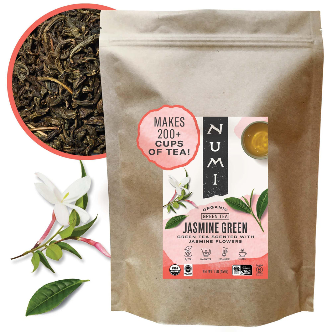 Numi Organic Jasmine Green Tea, 16 Ounce Pouch, Loose Leaf Floral Green Tea, Brews 200 Cups, Caffeinated (Packaging May Vary)