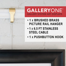 Load image into Gallery viewer, Picture Rail Molding Hook Art Hangers, Gallery Quality, Instantly Adjustable: Choose Brushed Brass or Stainless Steel Hangers with 6.5-Foot Cables (1, Brass)