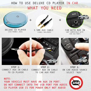 Deluxe Products CD Player Portable with 60 Second Anti Skip, Stereo Earbuds, Includes Aux in Cable and AC USB Power Cable for use at Home or in Car. Blue