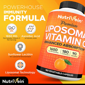 Nutrivein Premium Liposomal Vitamin C Supplement 1650mg - 180 Caps: High-Absorption Vitamin C Capsules for Whole-Body Defenses & Overall Well-Being