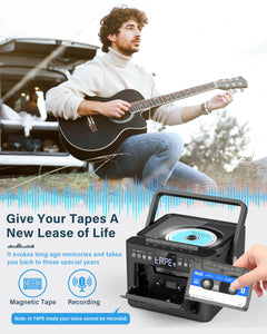 Greadio Boombox CD and Cassette Player Combo, 5000mAh Rechargable CD Player Boombox with Bluetooth Receive/Transmit/FM Radio/USB/TF/AUX/Remote Control, Boom Box Cassette Player for Home Outdoor