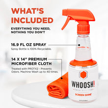 Load image into Gallery viewer, WHOOSH! Screen Shine Pro 16.9 fl oz Refillable TV Screen Cleaner with Microfiber Cloth - Streak-Free Cleaner for Flat Screen, OLED TV, LCD, Smart TV, and Monitors - Non-Toxic and Odorless Formula
