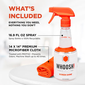 WHOOSH! Screen Shine Pro 16.9 fl oz Refillable TV Screen Cleaner with Microfiber Cloth - Streak-Free Cleaner for Flat Screen, OLED TV, LCD, Smart TV, and Monitors - Non-Toxic and Odorless Formula