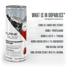 Load image into Gallery viewer, Alpine Bliss Energy Drink with Tyrosine, Ginger Root, B Vitamins and Saffron Extract, Supports Focus and Mental Clarity, Award-Winning Low Calorie Adaptogen &amp; Nootropic Blend, European Mountain Water, Berry Flavor (12 Pack)