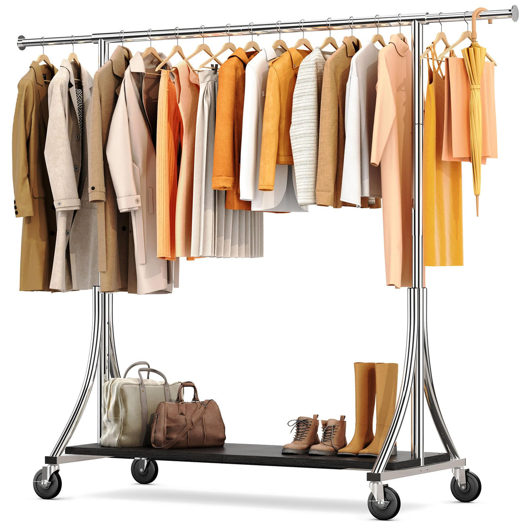 HOKEEPER Clothes Rack with Wood Shelves Height Adjustable Clothing Rack with Lockable Wheels 500LBS Portable Wooden Garment Closet for Bedroom, Living Room, Laundry, Balcony, Silver