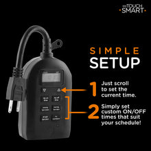Load image into Gallery viewer, myTouchSmart Outlet Timer, Dual Plug-in Digital Timer Outlet, Simple Programmable Outlet Timer, Indoor/Oudoor Countdown Timer, Weather Resistant, Seasonal Light Timer, Black, 1 Pack, 26898-P2