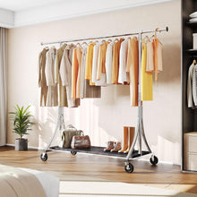 Load image into Gallery viewer, HOKEEPER Clothes Rack with Wood Shelves Height Adjustable Clothing Rack with Lockable Wheels 500LBS Portable Wooden Garment Closet for Bedroom, Living Room, Laundry, Balcony, Silver