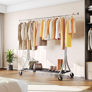 HOKEEPER Clothes Rack with Wood Shelves Height Adjustable Clothing Rack with Lockable Wheels 500LBS Portable Wooden Garment Closet for Bedroom, Living Room, Laundry, Balcony, Silver