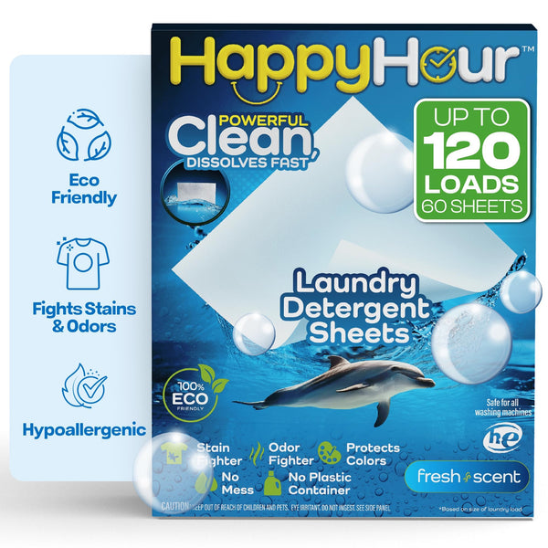 HAPPY HOUR Laundry Detergent Sheets Value Pack with up to 120 Loads, Non Toxic Laundry Sheets Detergent Soap for Sensitive Skin, Recyclable Eco Friendly, Perfect for Travel - Fresh Scent