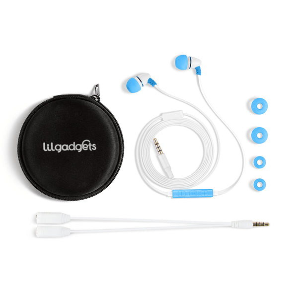 LilGadgets Kids Earbuds Wired for School - Safe & Comfortable, Volume Limited, Wired in Kids Ear Buds with an in-Line Microphone, Travel Case, and Splitter - Blue