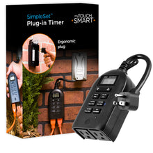 Load image into Gallery viewer, myTouchSmart Outlet Timer, Dual Plug-in Digital Timer Outlet, Simple Programmable Outlet Timer, Indoor/Oudoor Countdown Timer, Weather Resistant, Seasonal Light Timer, Black, 1 Pack, 26898-P2