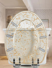 Load image into Gallery viewer, Gold Resin Toilet Seat Elongated with Easy Clean &amp; Change Hinges, Soft Close Quick Release Heavy Duty Toilet Seats with Glitter Cover Acrylic Seats (Elongated 19Inch, Gold Foil, Upgraded hinge)