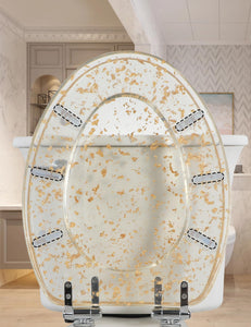 Gold Resin Toilet Seat Elongated with Easy Clean & Change Hinges, Soft Close Quick Release Heavy Duty Toilet Seats with Glitter Cover Acrylic Seats (Elongated 19Inch, Gold Foil, Upgraded hinge)