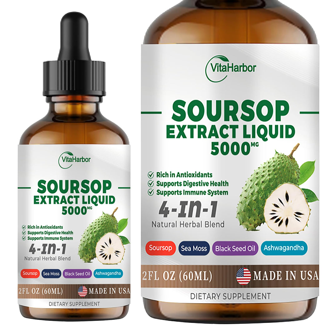 4-in-1 Soursop Bitters Liquid, Soursop Oil with Sea Moss & Black Seed Oil & Ashwagandha, for Immune & Digestive & Cell Support, Sugar-Free | Non-GMO | Vegan (2 Fl oz) Slightly Sweet Flavor