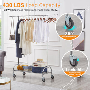 LiaMeE Heavy Duty Clothing Racks for Hanging Clothes, Adjustable Rolling Commercial Garment Rail on Wheels, Free Standing Standard Rod & Shelf for Wardrobe Organization, Chrome Plated